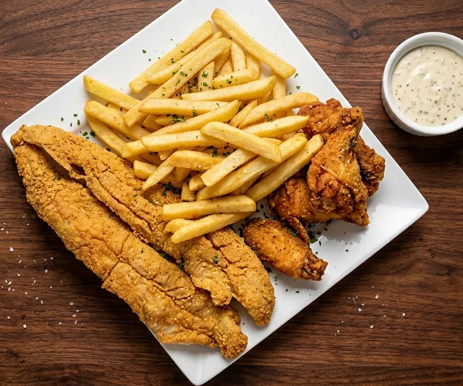 Fish and chicken combo with a crispy fish fillet, fried chicken and fries at Jackson Heights Fish And Chips Winnipeg