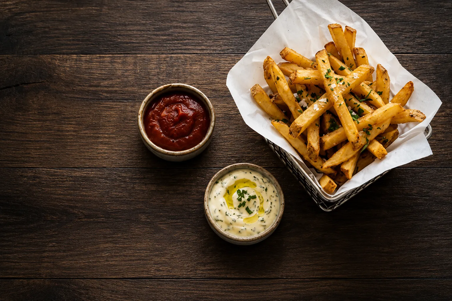 Basket of hand-cut fries with ketchup and herb aioli - Jackson Heights Fish And Chips takeout in Winnipeg