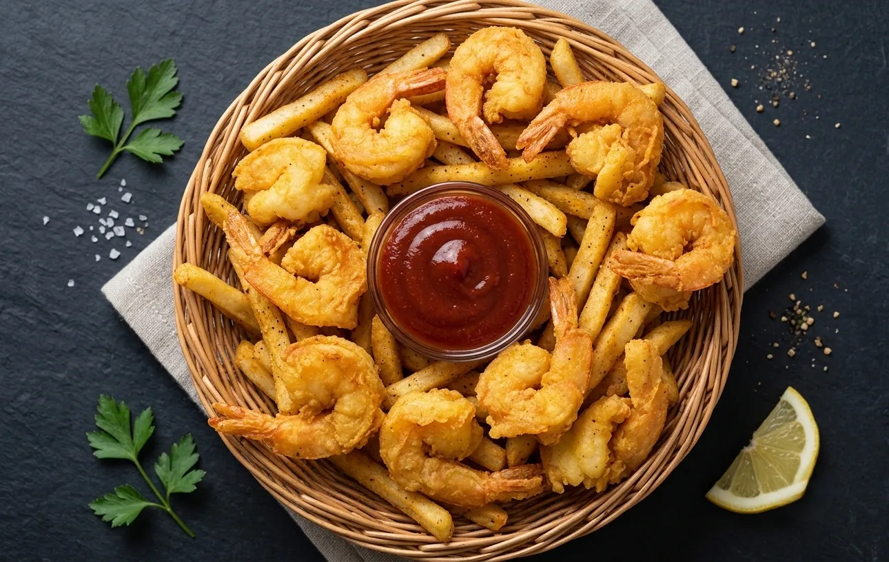 Shrimp and chips basket at Jackson Heights Fish And Chips Winnipeg - golden battered shrimp piled over fries with dipping sauce