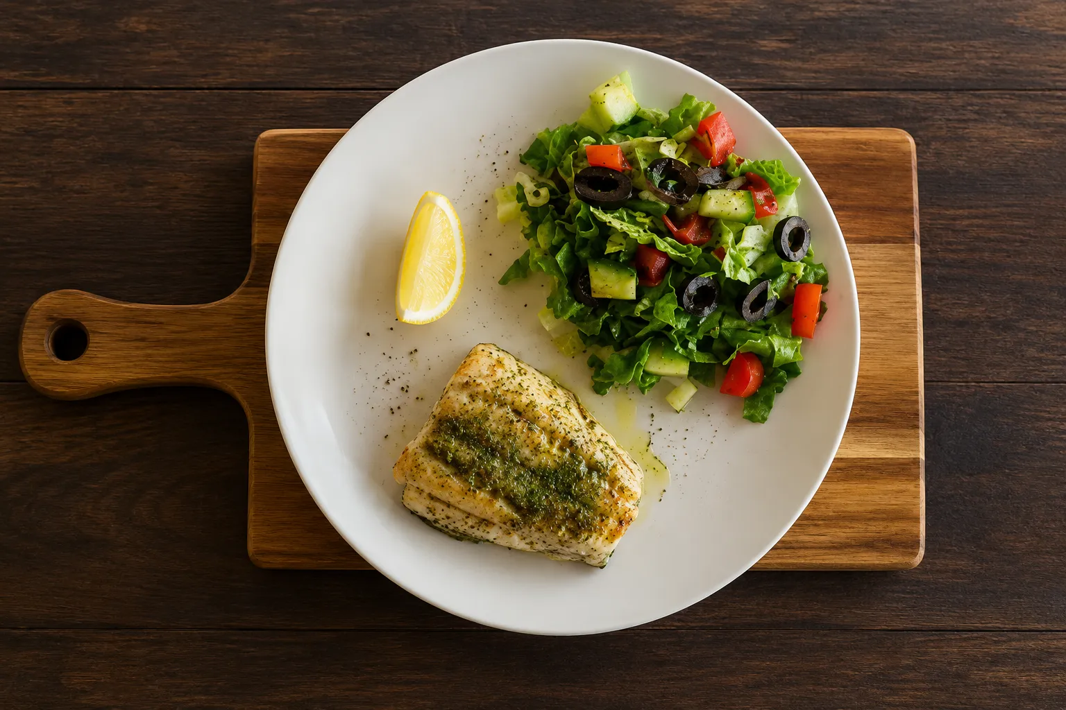 Grilled fish plate at Jackson Heights Fish And Chips Winnipeg - lightly seasoned grilled fish fillet with a fresh garden salad and lemon