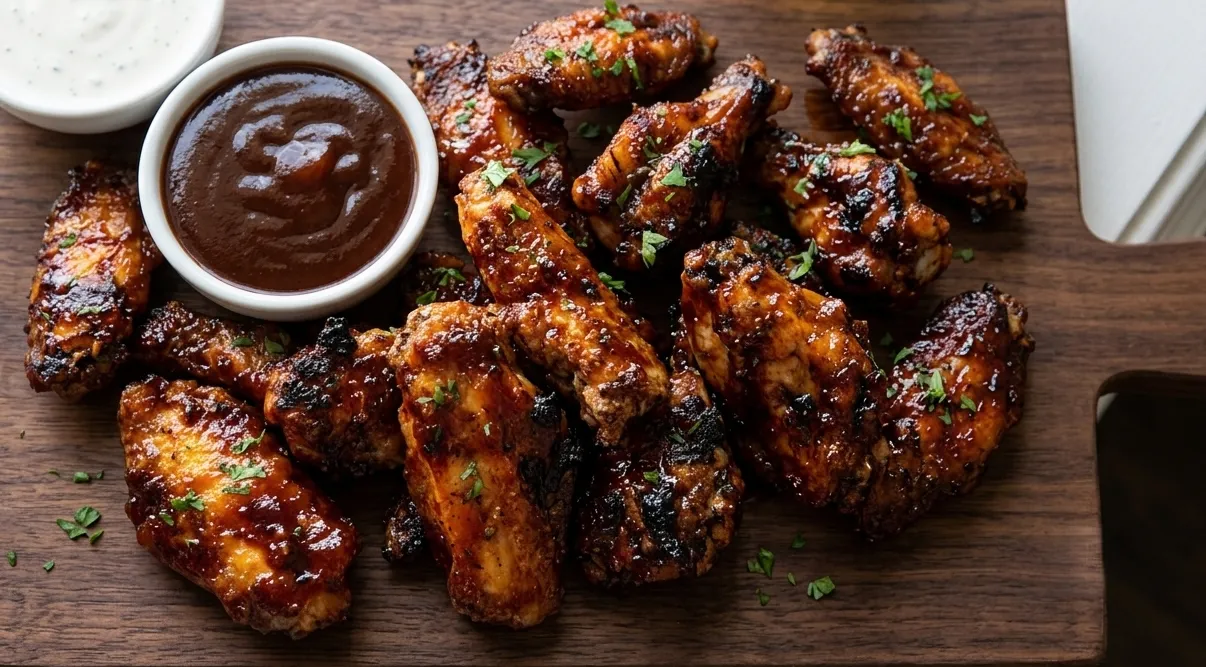 Chicken wings at Jackson Heights Fish And Chips Winnipeg - BBQ-glazed fried wings served with BBQ sauce and ranch dip