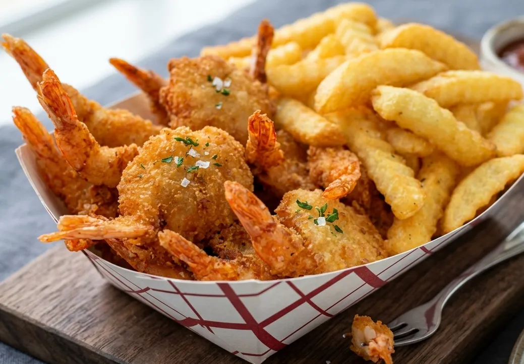 Fried shrimp basket at Jackson Heights Fish And Chips Winnipeg - crispy battered shrimp served basket-style with crinkle-cut fries